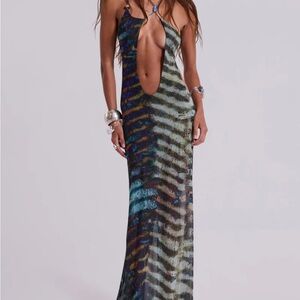 JADED LONDON Blue and Green Zebra-Print Deep Plunge Maxi Dress
